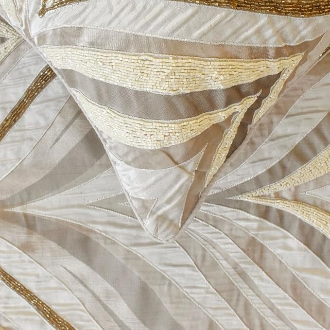 The HomeCentric King/Queen/Twin Ivory Decorative Full 68"x18" Bed Runner with Two Pillow Cover, Bead Hand Embroidery Bed Scarf on Jacquard Fabric - Clarissa Serene