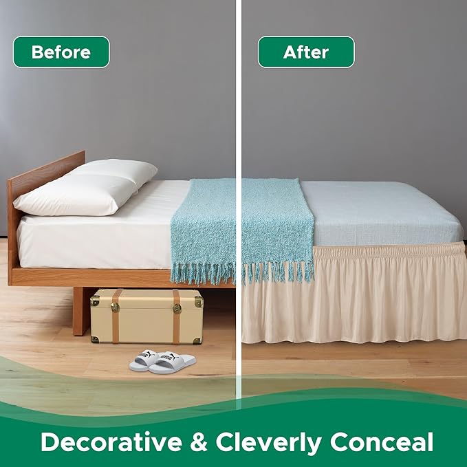Biscaynebay Wrap Around Bed Skirts for King & Cal King Beds 17" Long Drop, Sand Adjustable Elastic Dust Ruffles Easy Fit Wrinkle Resistant Silky Luxurious Fabric Machine Washable