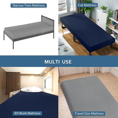 Cot Sheet 31" x 75"(2 Pack), Cot Fitted Sheet Ultra Soft and Breathable Snug Fit for Narrow Twin Mattress/Camp Bunk Beds/RVs Bunk/Guest Beds/Army Cots/Trifold Mattress Navy and Grey, Sheet Only