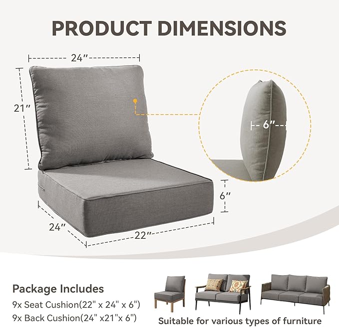 Outdoor Cushion Set for Furniture Patio Furniture, UV Resistant, Water Resistant - 6 Inch Thick Foam Garden Cushions – 22x24 Inch Patio Seat Covers for Chair/Sofa/Couch | Grey | 9-Pack |