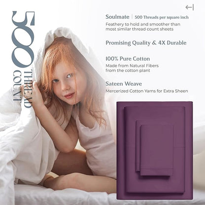 Mayfair Linen 100% Cotton Bed Sheets Queen Sheet Set - 500 Thread Count Sheets Queen Size 4 PC Set (Plum) Soft, Cooling, Hotel-Quality 16" Deep Pocket Sateen Cotton Bedsheet for Hot Sleepers