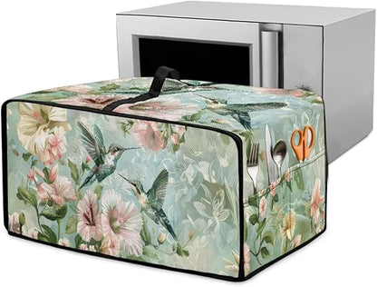 Air Fryer Toaster Oven Dust Cover Protective Convection Oven Cover with Pockets and Handle for Kitchen Countertop, M, 16.5 x 20.5 x 10 Inches, Retro Hummingbird Hibiscus Flower Green