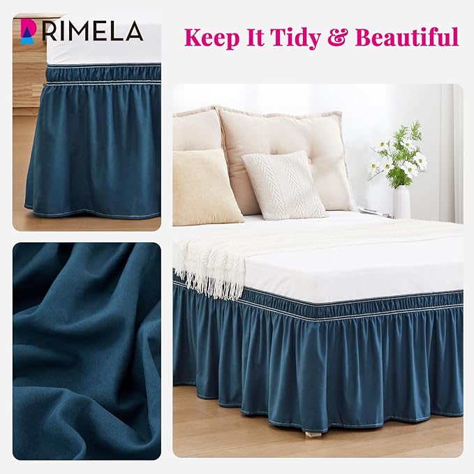 RIMELA Dusty Navy Bed Skirt King Size 15 Inch Drop, Wrap Around Elastic Bedskirt, Dust Ruffle for Adjustable Bed Base Machine Washable Easy to Install Bed Skirts