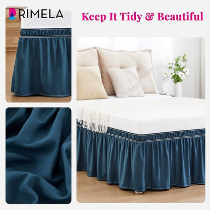 RIMELA Dusty Navy Bed Skirt Queen Size 15 Inch Drop, Wrap Around Elastic Bedskirt, Dust Ruffle for Adjustable Bed Base Machine Washable Easy to Install Bed Skirts