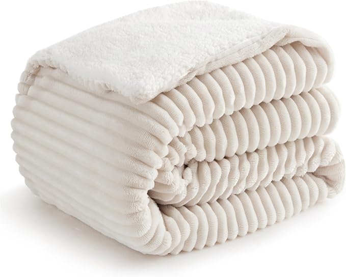 Sherpa King Size Sofa Blanket - Warm King Blanket reversible, Fuzzy, Cream, 108 x 90 Inches