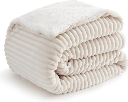 Sherpa King Size Sofa Blanket - Warm King Blanket reversible, Fuzzy, Cream, 108 x 90 Inches