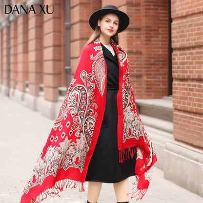 DANA XU 100% Merino Wool Extra Large Pashmina Blanket Travel Scarf Cashmere Wrap for Women Fall Winter Oversize Shawl Floral