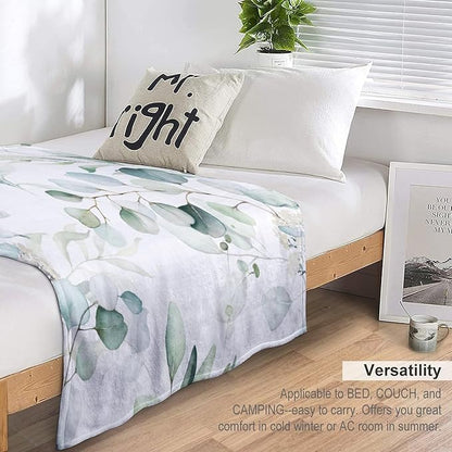 Eucalyptus Leaf Throw Blanket, Watercolor Floral Spring Botanical Green Plants Herb Print Cozy Plush Blanket for Bedroom Living Rooms Sofa Couch, 30"x40"