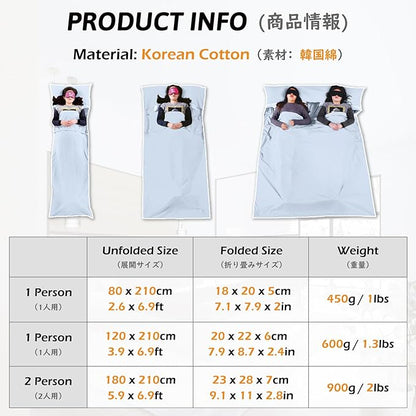 TRIWONDER Sleeping Bag Liner Cotton Camping Travel Sheet Sleep Sack Adult for Hostels Outdoor Picnic Planes Trains