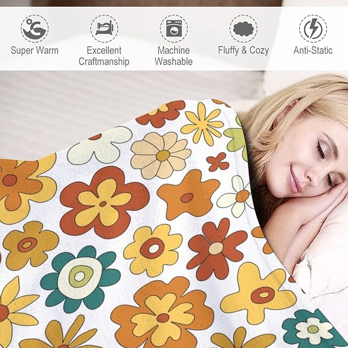 Vintage Hippie Floral Blanket, 70s Boho Abstract Yellow Orange Flowers Funny Print Throw Blanket for Holiday Theme Home Decor Bedding Couch 50"x60"