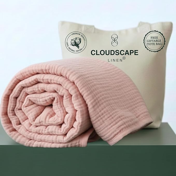 Cloud Scape Linen Oversized 4 Layer Muslin Blanket Queen Size - 100% Cotton, Lightweight & Breathable All Season Gauze, Pre-Washed, fits Full Bed, 92x92, Seashell Pink