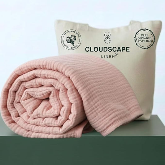 Cloud Scape Linen Oversized 4 Layer Muslin Blanket Queen Size - 100% Cotton, Lightweight & Breathable All Season Gauze, Pre-Washed, fits Full Bed, 92x92, Seashell Pink