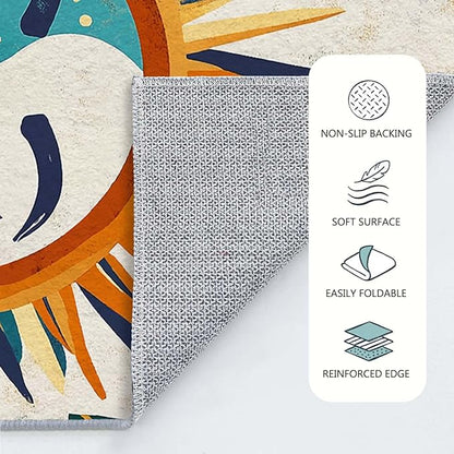 6x9 Sun and Moon Area Rug Leaf Orange Yellow Blue Beige Rug Non Slip Low Pile Large Carpet for Home Kitchen Living Room Bedroom Dining Room Office