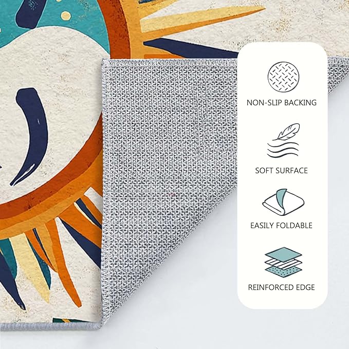 5x7 Sun and Moon Area Rug Leaf Orange Yellow Blue Beige Rug Non Slip Low Pile Large Carpet for Home Kitchen Living Room Bedroom Dining Room Office