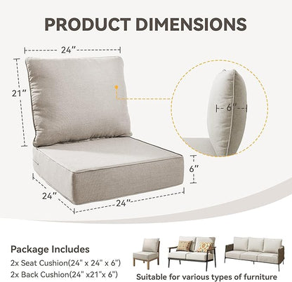 Outdoor Cushion Set for Furniture Patio Furniture, UV Resistant, Water Resistant - 6 Inch Thick Foam Garden Cushions– 24x24 Inch Patio Seat Covers for Chair/Sofa/Couch | Beige | 2-Pack |
