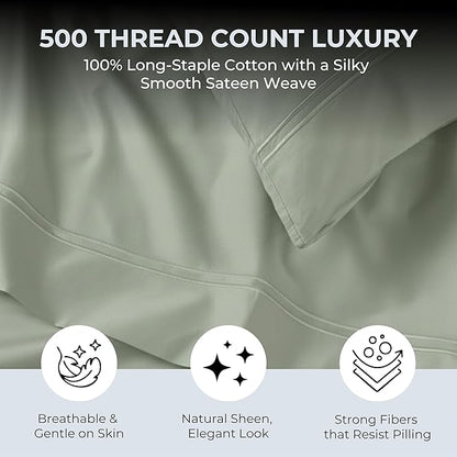 100% Natural Cotton Sheets Queen Size Bed Set | 500 TC Single-Ply Sateen Weave | Soft, Breathable, Hypoallergenic Solid 4-Piece Bedding with Deep Pocket Fitted, Flat, Pillowcase | Sage
