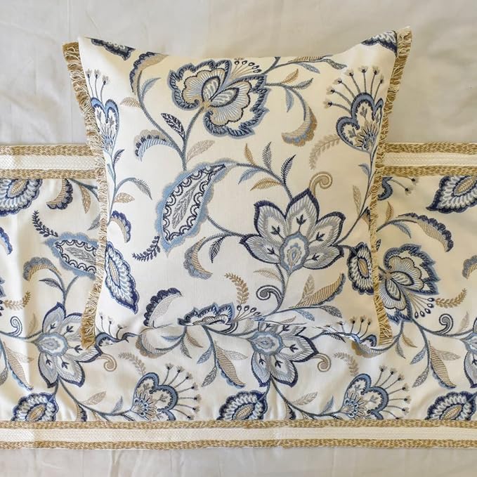 The HomeCentric King/Queen/Twin Blue Designer Queen 74"x18" Bed Runner Without Pillow Cover, Floral, Embroidered, Jute Lace & Lace Bed Scarf on Cotton Fabric - Morning Glories