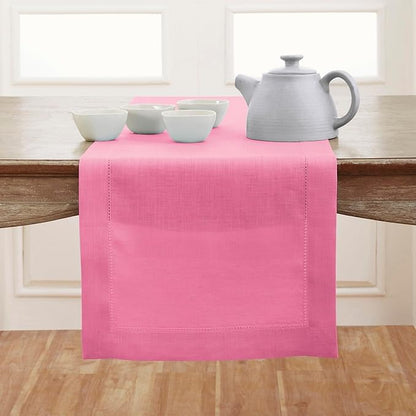 Solino Home Linen Flamingo Pink Table Runner 144 Inches Long - 100% Pure Linen Extra Long Table Runner 14 x 144 Inch for Christmas - Classic Hemstitch