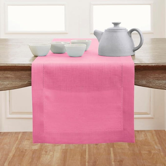 Solino Home Linen Flamingo Pink Table Runner 144 Inches Long - 100% Pure Linen Extra Long Table Runner 14 x 144 Inch for Christmas - Classic Hemstitch