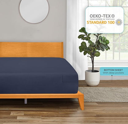 ROYALE LINENS 300 Thread Count 100% Long Staple Combed Cotton Fitted Sheet Twin - Super Soft Deep Pocket Bottom Sheet - Fitted Sheets Only - Elastic Sheets (Twin, Navy)