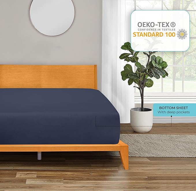 ROYALE LINENS 300 Thread Count 100% Long Staple Combed Cotton Fitted Sheet California King - Super Soft Deep Pocket Bottom Sheet - Fitted Sheets Only - Elastic Sheets (Cal King, Navy)
