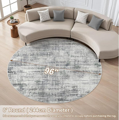 8ft Round Area Rug for Living Room: 8x8 Washable Neutral Abstract Modern Soft Rugs Non Slip Indoor Floor Stain Resistant Carpet for Bedroom Dining Room Office Nursery - Gray