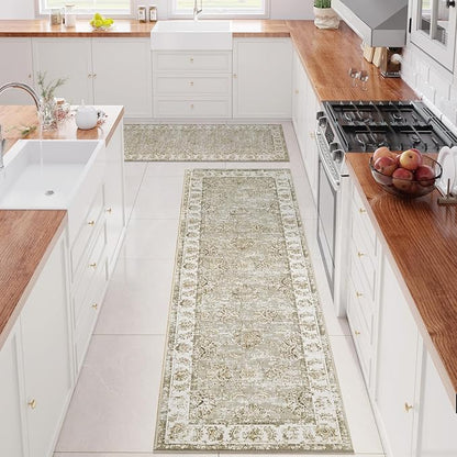 jinchan Fiora Runner Rug 3x8-2pcs Kitchen Washable Vintage Hallway Rug Floral Print Floor Cover Indoor Thin Retro Mat Accent for Bathroom Laundry Room Bedroom Office Farmhouse (Double, Taupe)