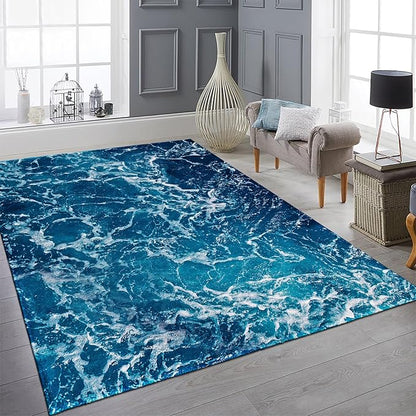 9CH Ocean Beach Area Rug 6'x9', Blue Sea Waves Polyester Area Rug Non-Slip Carpet Mat for Living Dining Dorm Room Bedroom Home Decorative