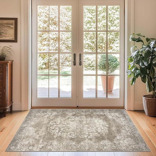 jinchan Washable Area Rug 3x5 Entryway - Soft Distressed Vintage Floral Indoor Bedroom Rug Faux Wool Low Pile Small Oriental Accent Carpet for Kitchen, Entrance, Bedside, Dining Room(Brown, 3'x5')