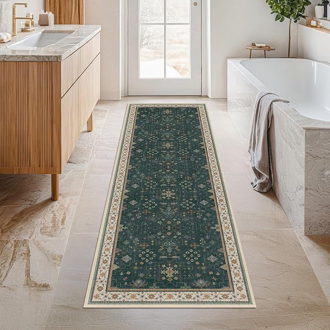 Dark Green 2x7 Kitchen Rug - Modern Vintage Boho Eclectic Floral Pastel, Washable Low Pile Non-Slip Long Runner Rugs for Hallway, Bedroom