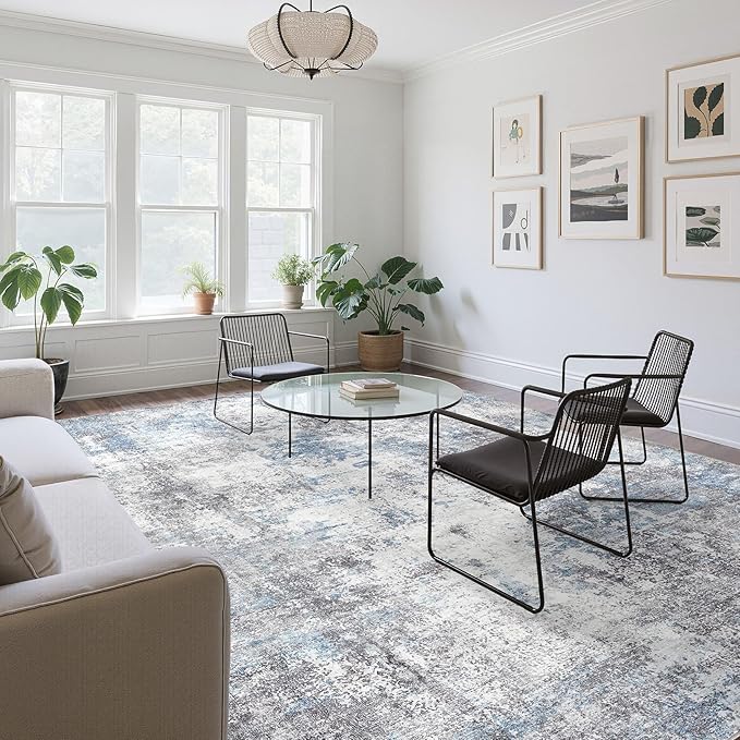 Washable 10X12 Area Rug: Modern Abstract Soft Non-Slip Indoor Rugs - Low Pile Stain Resistant Foldable Rug for Living Room Bedroom Dining Room Playroom Office(Blue Grey,10'x12')