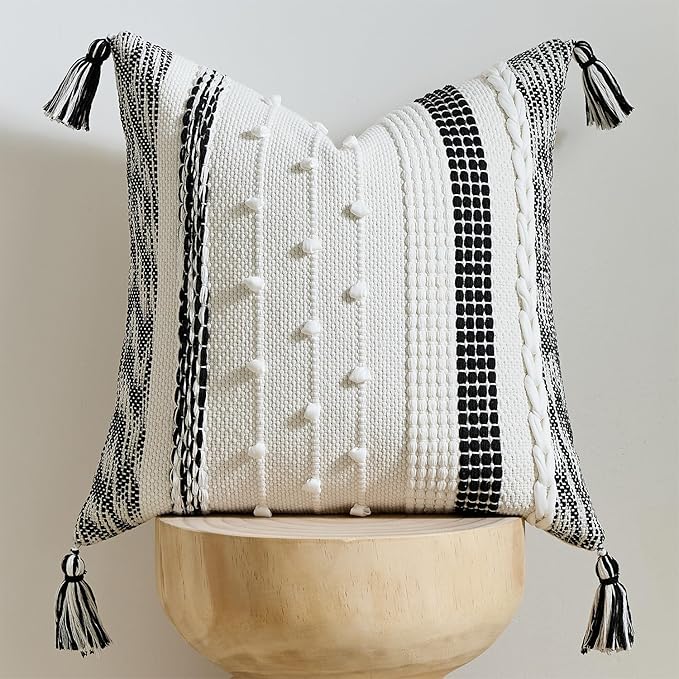 Boho Pillow Cover 18x18 Black - Handmade Woven Textured Throw Pillow Case with Cordings & Tassels, Decorative Accent for Couch Sofa Farmhouse Living Room Home Decor