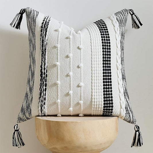Boho Pillow Cover 18x18 Black - Handmade Woven Textured Throw Pillow Case with Cordings & Tassels, Decorative Accent for Couch Sofa Farmhouse Living Room Home Decor