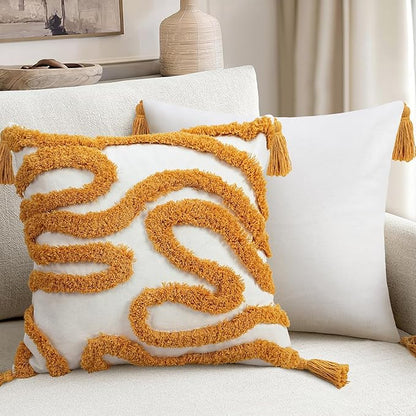 Adabana Yellow and White Pillow Covers Decorative Tufted Abstract Throw Pillows Cover Modern Farmhouse Home Decor for Couch Living Room Safa Bed,18X18 Inch