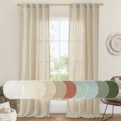 LAMIT Light Filtering Linen Curtains 84 inches Long for Bedroom, Faux Linen Textured Semi Sheer Back Tab and Rod Pocket Burlap Boho Modern Drapes for Living Room/Farmhouse, 2 Panels, 38 x 84 Inch