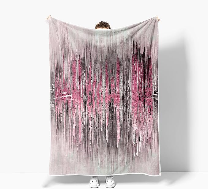 Abstract Throw Blankets, Modern Pink Gold crackNon Cozy Warm Bed Couch Blanket, Stripe Contemporary Abstract Painting White Fleece Flannel Throws to Decorate The Room and Bedroom