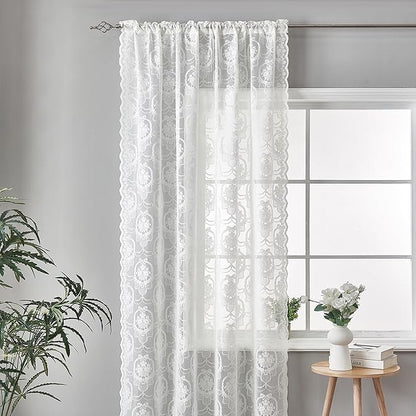 Bright White Vintage Country Floral Lace Sheer Curtains 96 Inches Long -Rod Pocket Light Filtering French Privacy Scalloped Edges Rod Pocket Boho Bedroom ，52 x 96 Inch, 2 Panels