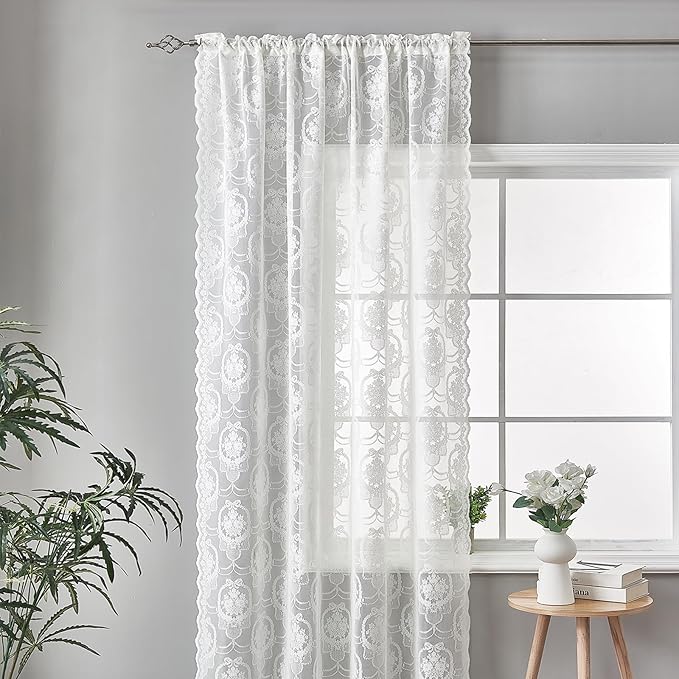 Bright White Vintage Country Floral Lace Sheer Curtains 84 Inches Long -Rod Pocket Light Filtering French Privacy Scalloped Edges Rod Pocket Boho Bedroom ，52 x 84 Inch, 2 Panels