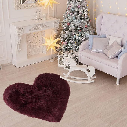 uxcell Heart Shaped Rugs for Bedroom,Small Aesthetic Carpet Girls,Cute Shaggy Floor Mirror Mat,Pastel Furry Throw Rug 2.3ftx3ft, Burgundy