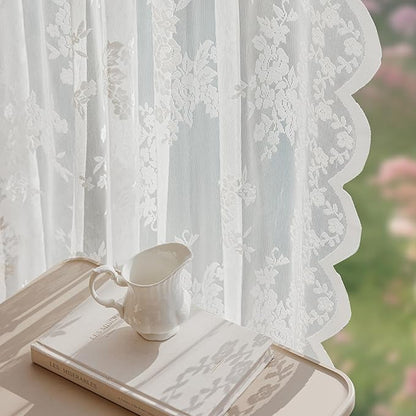 Anmao Vintage Lace Curtains 108 Inches Long 2 Panels, Romantic Elegant Light Filtering Semi Sheer Floral Thick Lacy Curtain Drapes for Living Room and Bedroom, Each Panel 55W x 108L, White Rose