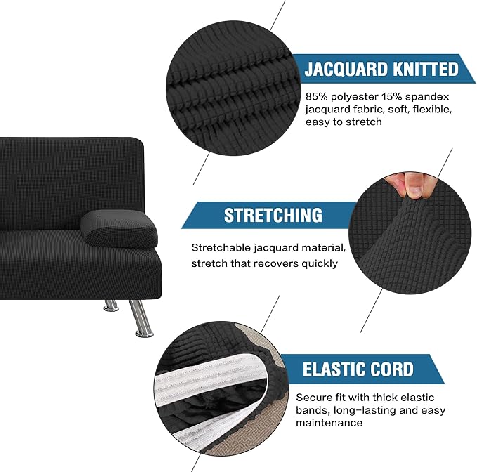 H.VERSAILTEX 4 Pieces Stretch Futon Covers Sofa Bed Slipcover with Removable Armrests and Cupholders Covers Furniture Protector High Spandex Small Checks Jacquard Fabric, Black