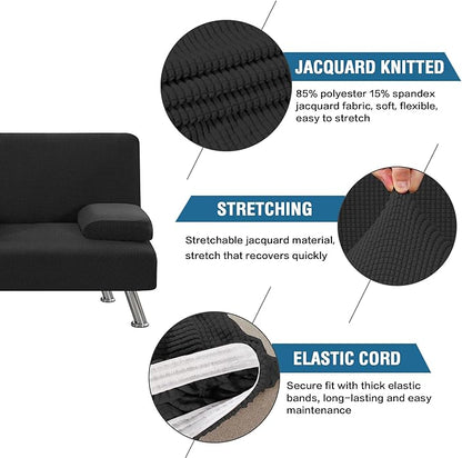 H.VERSAILTEX 4 Pieces Stretch Futon Covers Sofa Bed Slipcover with Removable Armrests and Cupholders Covers Furniture Protector High Spandex Small Checks Jacquard Fabric, Black