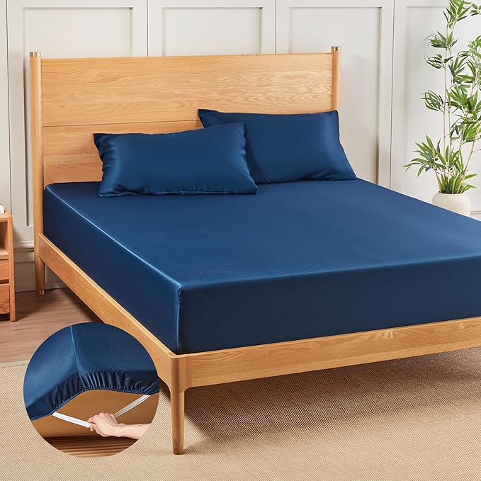 MR&HM Fitted Sheet & Pillowcase Set Queen, 3-Piece Blend Rayon Derived from Bamboo, Silky Soft & Breathable, 15" Deep Pocket with Elastic Straps, Cooling Sheets for Hot Sleepers, Navy Blue