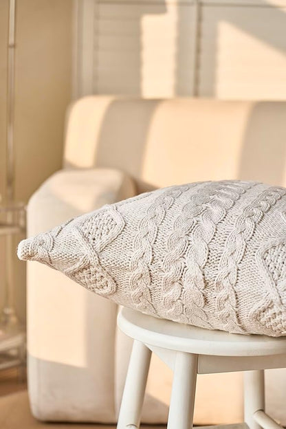 DOKOT Knit Throw Pillow Cover Decorative Cable Braid and Diamond Knitting Square Warm Cushion Cover (Beige, (18x18 inches(45x45cm))