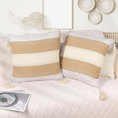 Boho Throw Pillow Covers 18x18in Set of 2,Beige Neutral Pillow Case with Tassel for Large Couch Sofa Room Home Indoor Outdoor Holiday Decorations