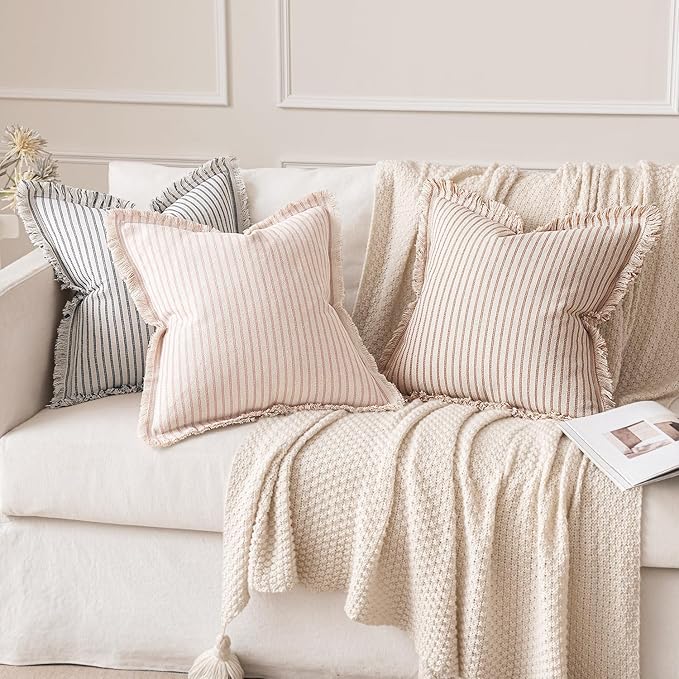 MIULEE Pack of 2 Pink Pillow Covers 24x24 Inch Striped Farmhouse Couch Throw Pillow Covers with Fringe Chic Cotton Decorative Cushion Eruo Sham for Sofa Living Room Bed Outdoor Home Decor