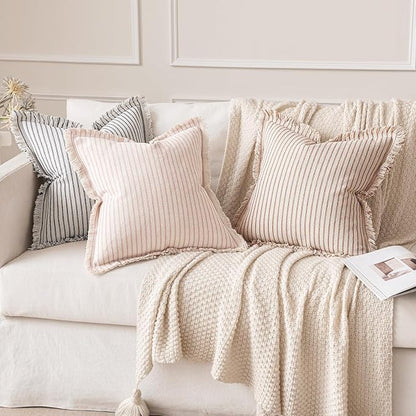 MIULEE Pack of 2 Pink Pillow Covers 24x24 Inch Striped Farmhouse Couch Throw Pillow Covers with Fringe Chic Cotton Decorative Cushion Eruo Sham for Sofa Living Room Bed Outdoor Home Decor