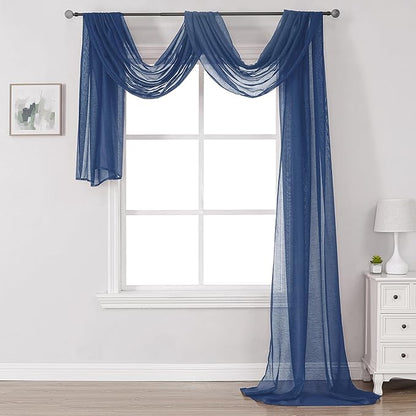 DONREN Dark Blue Window Scarf for Home Decor -Luxury Look Sheer Scarf 34 inches Wide by 144 inches Long,Navy Blue