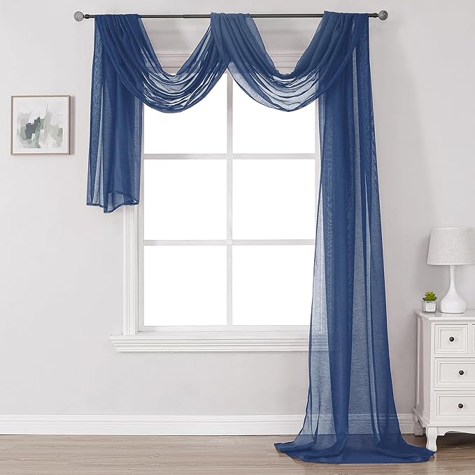 DONREN Semi Sheer Panel Curtains Scarf-Home Decor Window Sheer Valance Voile Scarf 1 Piece,52 inches Wide by 288 inches Long,Navy Blue