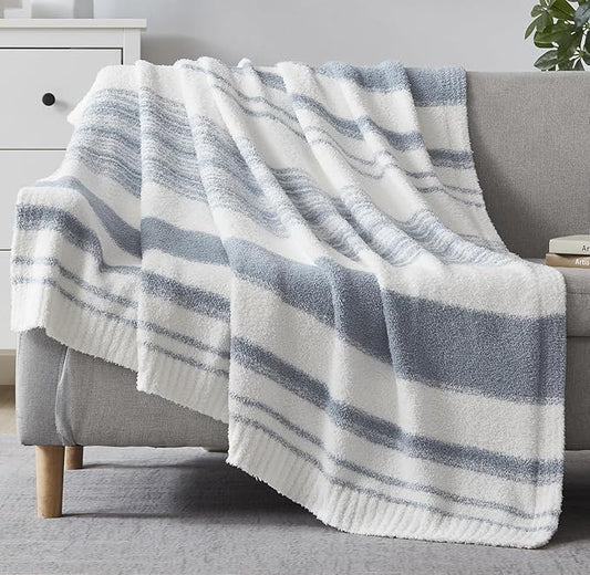 WRENGONGE Grey Blue Throw Blanket, 50x70 Soft Cozy Striped Throw Blankets for Couch, Sofa, Bed, Travel, Lightweight Fluffy Warm Plush Decorative Blankets for Women, Men,Kids Gift